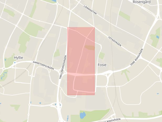 Karta som med röd fyrkant ramar in Fosie, Munkhättegatan, Malmö, Skåne län
