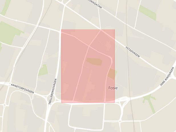 Karta som med röd fyrkant ramar in Eriksfältsgatan, Fosie, Malmö, Skåne län