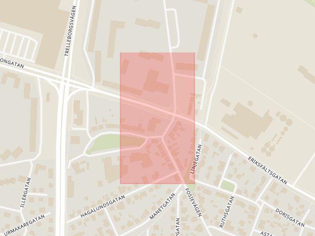 Karta som med röd fyrkant ramar in Eriksfältsgatan, Kollegiegatan, Malmö, Skåne län