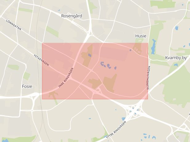 Karta som med röd fyrkant ramar in Fosie, Jägersrovägen, Malmö, Skåne län