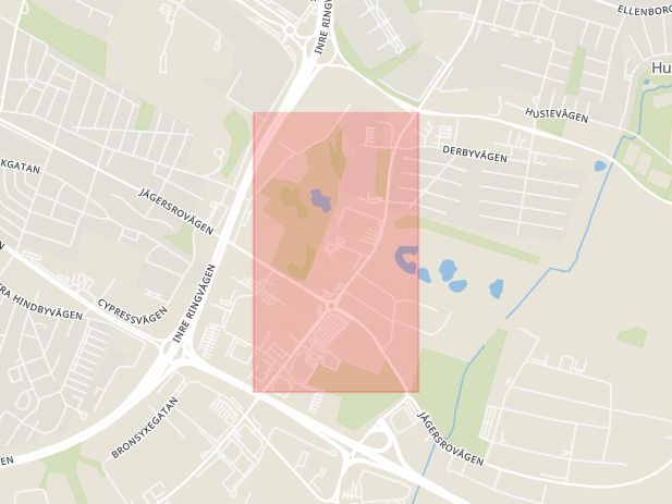 Karta som med röd fyrkant ramar in Jägersro, Agnesfridsvägen, Malmö, Skåne län