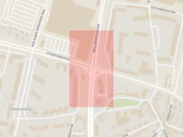 Karta som med röd fyrkant ramar in Stadiongatan, Trelleborgsvägen, Malmö, Skåne län