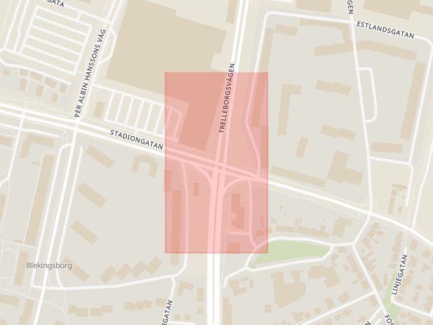 Karta som med röd fyrkant ramar in Eriksfältsgatan, Trelleborgsvägen, Malmö, Skåne län
