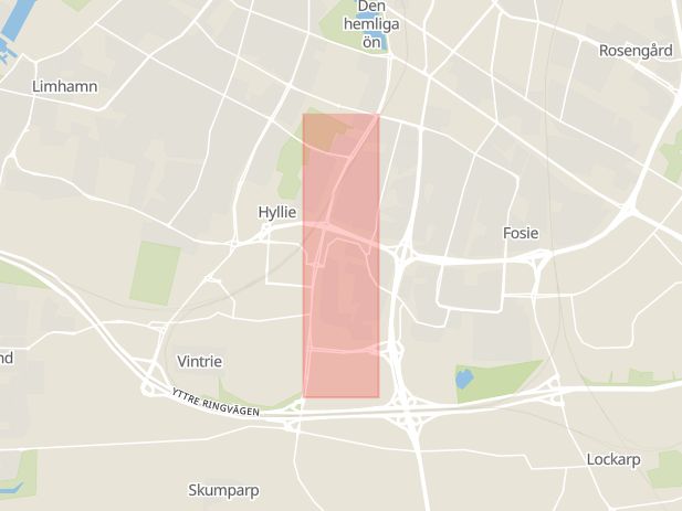 Karta som med röd fyrkant ramar in Hyllie, Pildammsvägen, Henriksdalsvägen, Malmö, Skåne län