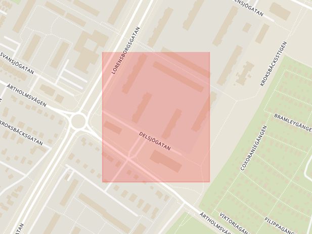 Karta som med röd fyrkant ramar in Hyllie, Delsjögatan, Malmö, Skåne län