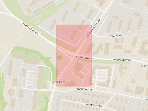 Karta som med röd fyrkant ramar in Agnesfridsvägen, Amiralsgatan, Malmö, Skåne län