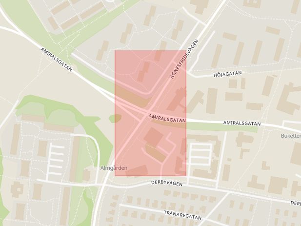Karta som med röd fyrkant ramar in Agnesfridsvägen, Amiralsgatan, Malmö, Skåne län