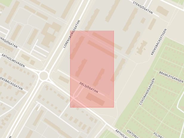 Karta som med röd fyrkant ramar in Bellevuegården, Delsjögatan, Malmö, Skåne län