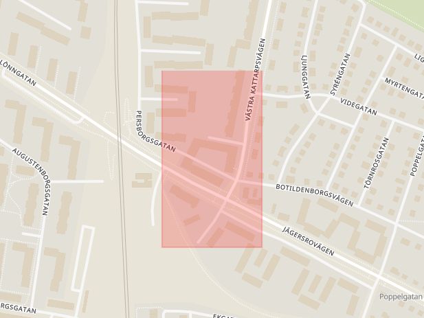 Karta som med röd fyrkant ramar in Persborgstorget, Ringgatan, Malmö, Skåne län