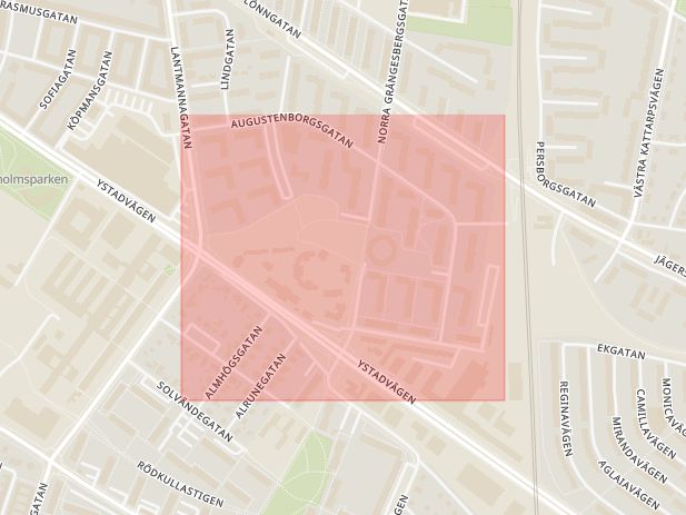 Karta som med röd fyrkant ramar in Augustenborg, Augustenborgsgatan, Malmö, Skåne län
