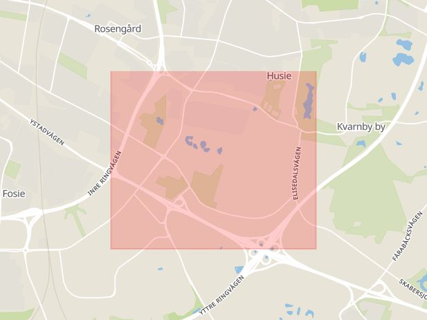 Karta som med röd fyrkant ramar in Husie, Jägersro, Malmö, Skåne län