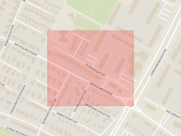 Karta som med röd fyrkant ramar in Svansjögatan, Malmö, Skåne län