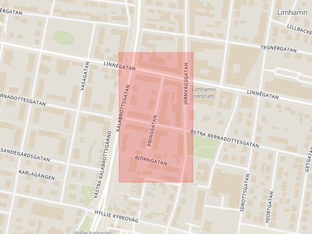 Karta som med röd fyrkant ramar in Limhamn, Prinsgatan, Malmö, Skåne län