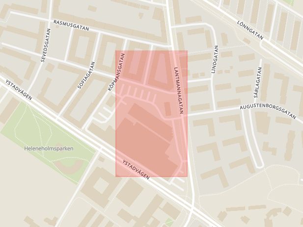 Karta som med röd fyrkant ramar in Lantmannagatan, Ystadsgatan, Malmö, Skåne län