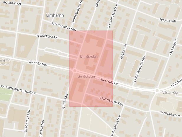 Karta som med röd fyrkant ramar in Limhamn, Linnégatan, Rosenvångsgatan, Malmö, Skåne län