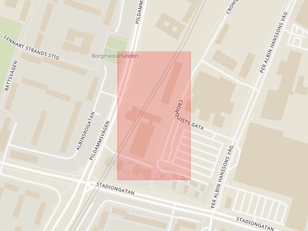 Karta som med röd fyrkant ramar in John Ericssons Väg, Pildammsvägen, Malmö, Skåne län