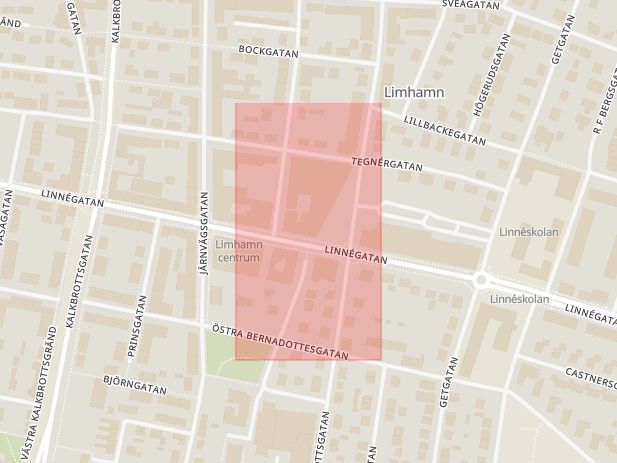 Karta som med röd fyrkant ramar in Götgatan, Limhamn, Linnégatan, Malmö, Skåne län