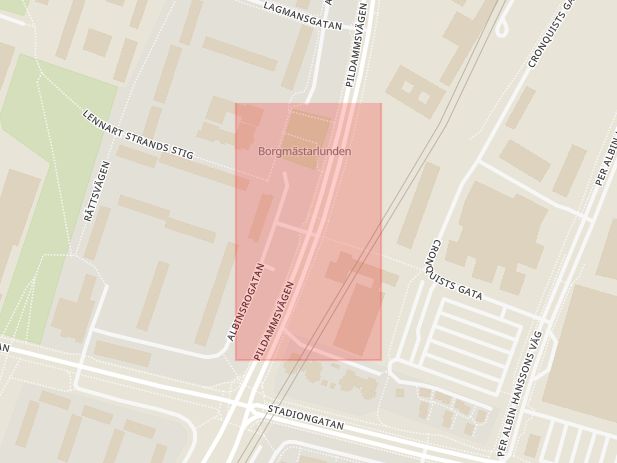 Karta som med röd fyrkant ramar in Albinsrogatan, Pildammsvägen, Malmö, Skåne län