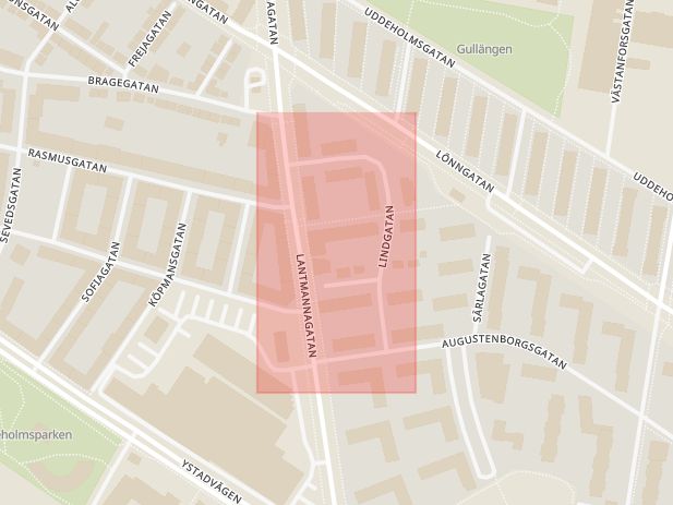 Karta som med röd fyrkant ramar in Fosie, Lindgatan, Malmö, Skåne län