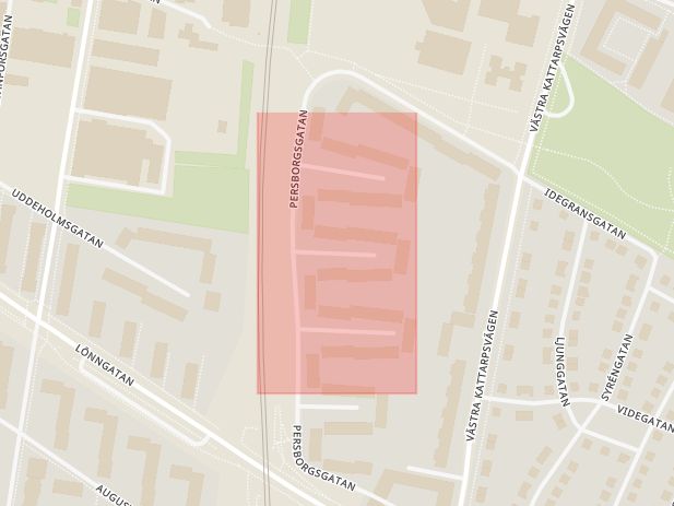 Karta som med röd fyrkant ramar in Björneborgsgatan, Persborg, Malmö, Skåne län