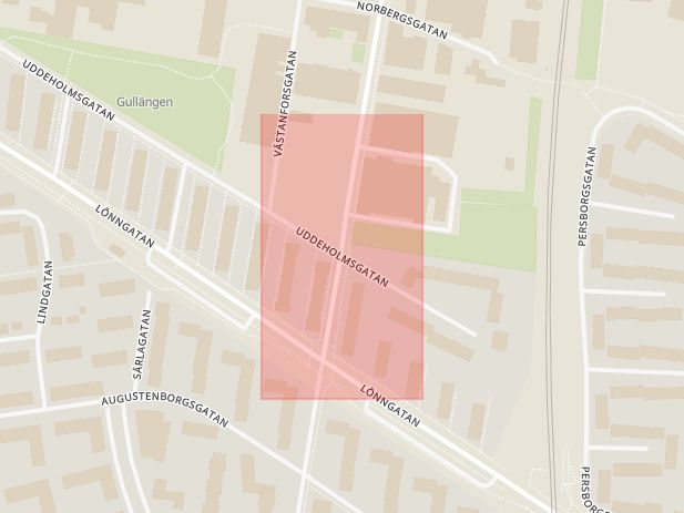 Karta som med röd fyrkant ramar in Uddeholmsgatan, Norra Grängesbergsgatan, Malmö, Skåne län