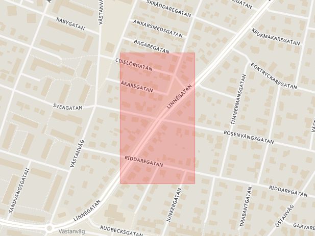 Karta som med röd fyrkant ramar in Limhamn, Linnégatan, Rosenvångsgatan, Malmö, Skåne län
