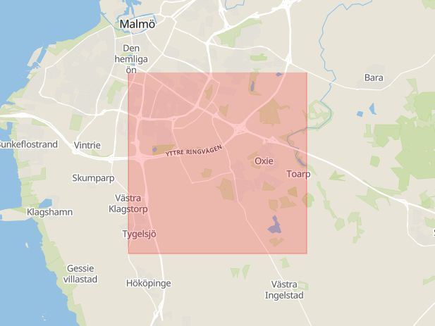 Karta som med röd fyrkant ramar in Södra Malmö, Malmö, Skåne län