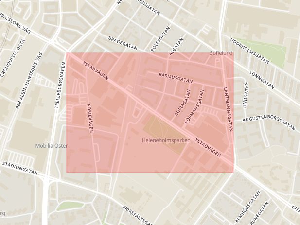 Karta som med röd fyrkant ramar in Heleneholm, Ystadvägen, Malmö, Skåne län