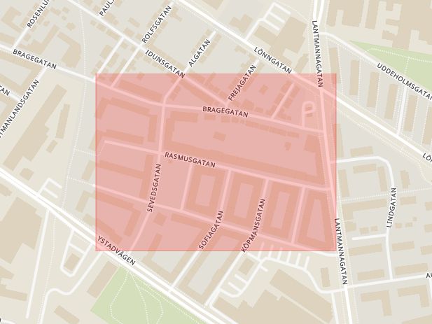 Karta som med röd fyrkant ramar in Rasmusgatan, Malmö, Skåne län