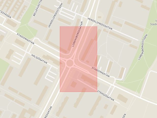 Karta som med röd fyrkant ramar in Lorensborg, Lorensborgsgatan, Stadiongatan, Malmö, Skåne län
