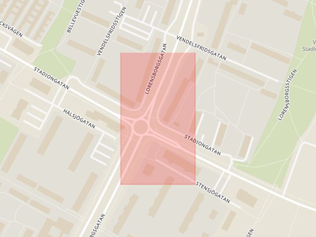 Karta som med röd fyrkant ramar in Lorensborgsgatan, Stadiongatan, Malmö, Skåne län