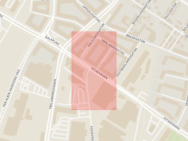 Karta som med röd fyrkant ramar in Södra Sofielund, Närkesgatan, Ystadvägen, Åmålsgatan, Malmö, Skåne län
