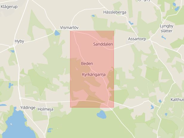Karta som med röd fyrkant ramar in Eksholmsvägen, Svedala, Skåne län