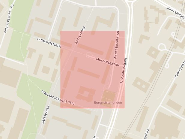 Karta som med röd fyrkant ramar in Lagmansgatan, Malmö, Skåne län