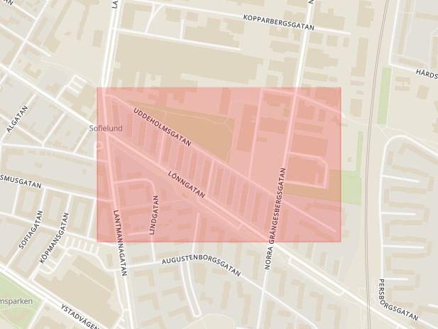 Karta som med röd fyrkant ramar in Lönngården, Uddeholmsgatan, Malmö, Skåne län
