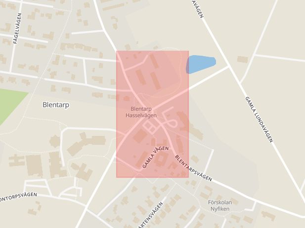 Karta som med röd fyrkant ramar in Blentarp, Sövde, Lund, Sjöbo, Skåne län