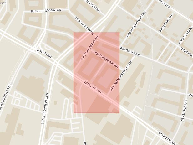 Karta som med röd fyrkant ramar in Närkesgatan, Malmö, Skåne län