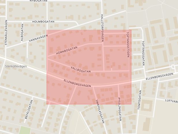 Karta som med röd fyrkant ramar in Vallbogatan, Malmö, Skåne län
