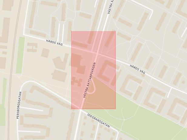 Karta som med röd fyrkant ramar in Örtagården, Hårds Väg, Malmö, Skåne län