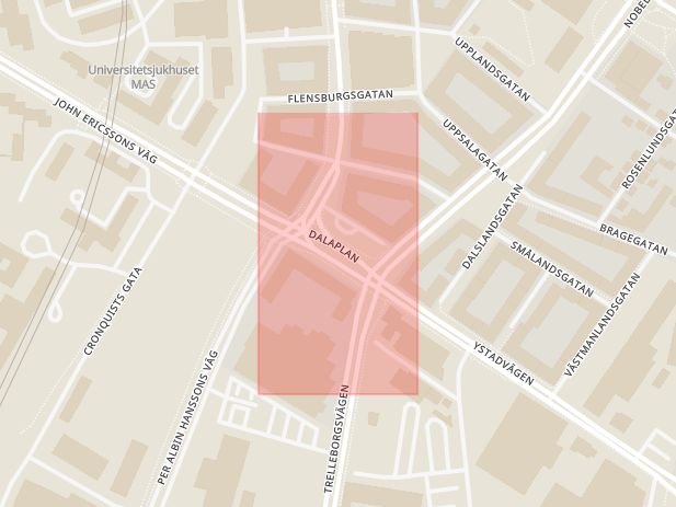 Karta som med röd fyrkant ramar in Dalaplan, Malmö, Skåne län