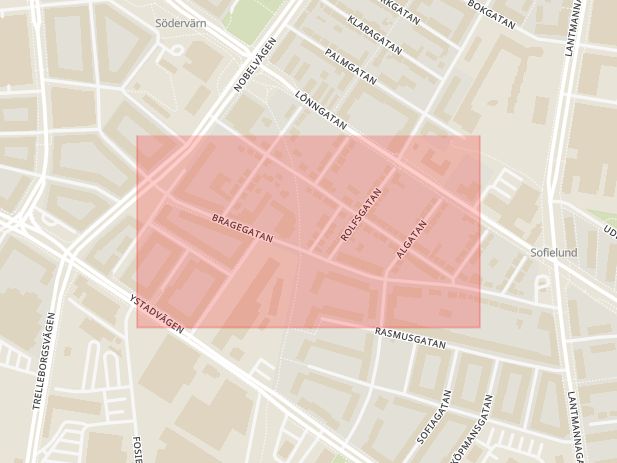Karta som med röd fyrkant ramar in Bragegatan, Malmö, Skåne län