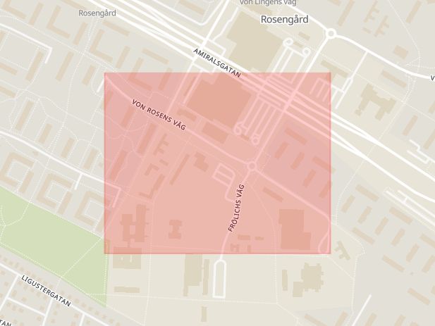 Karta som med röd fyrkant ramar in Von Rosens Väg, Malmö, Skåne län