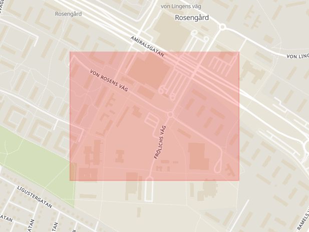 Karta som med röd fyrkant ramar in Rosengård, Von Rosens Väg, Malmö, Skåne län