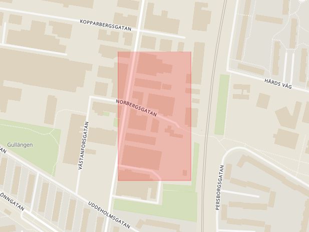 Karta som med röd fyrkant ramar in Norbergsgatan, Malmö, Skåne län