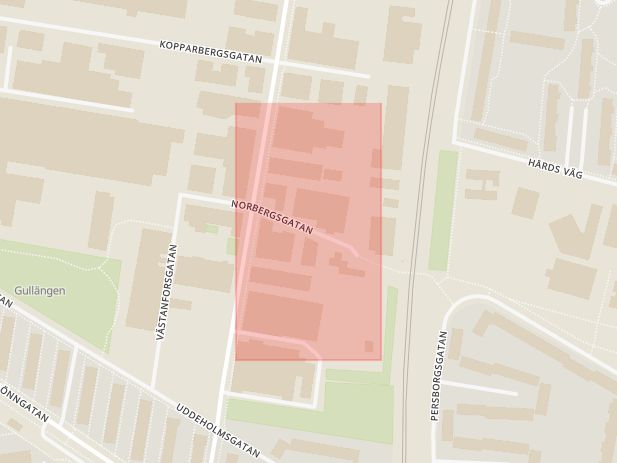 Karta som med röd fyrkant ramar in Norbergsgatan, Rosengård, Malmö, Skåne län