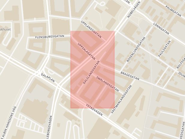Karta som med röd fyrkant ramar in Dalslandsgatan, Malmö, Skåne län