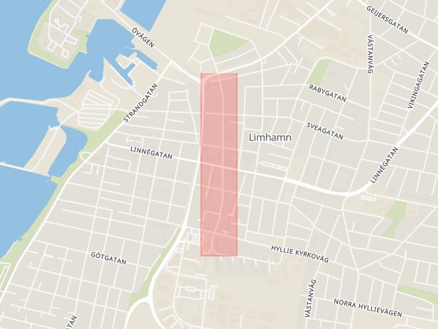 Karta som med röd fyrkant ramar in Järnvägsgatan, Limhamn, Malmö, Skåne län