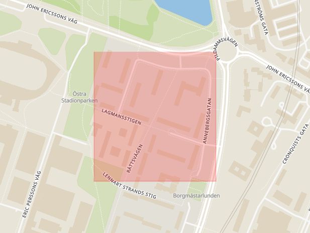 Karta som med röd fyrkant ramar in Annebergsgatan, Malmö, Skåne län