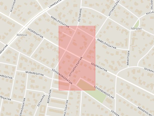 Karta som med röd fyrkant ramar in Bellevue, Linnégatan, Geijersgatan, Malmö, Skåne län