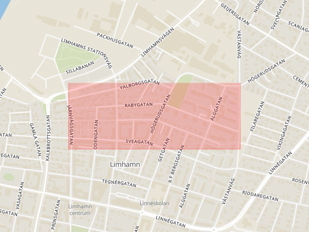 Karta som med röd fyrkant ramar in Limhamn, Rabygatan, Malmö, Skåne län